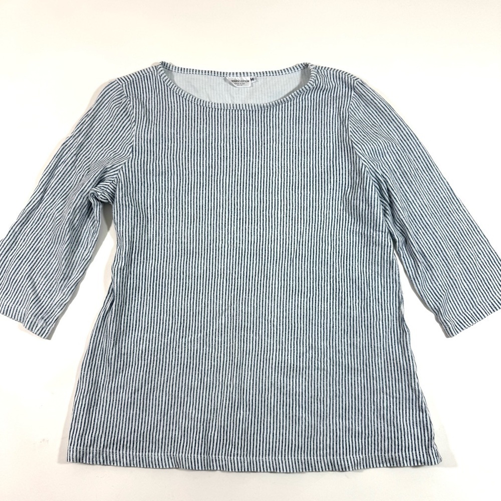 Prairie Cotton 3/4 Sleeve Boatneck Top White Blue Tropez Stripe